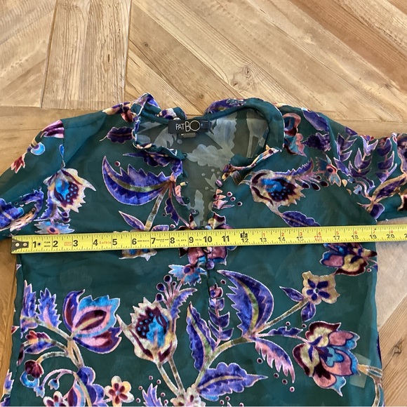 PATBO‎ Colorful Floral Burnout Velvet Sheer Long Sleeve Ruffle Blouse Size Small - Picture 11 of 12